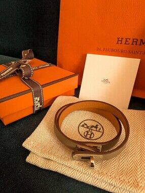 NWT Hermes Mini Kelly Double Tour Leather Wrap Bracelet Brown & Silver T3